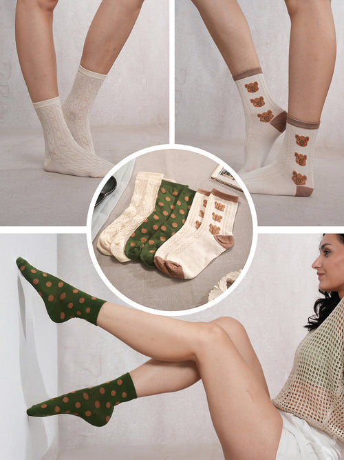 SoleWrappers Brown & Offwhite Crew Socks Combo Pack of 3