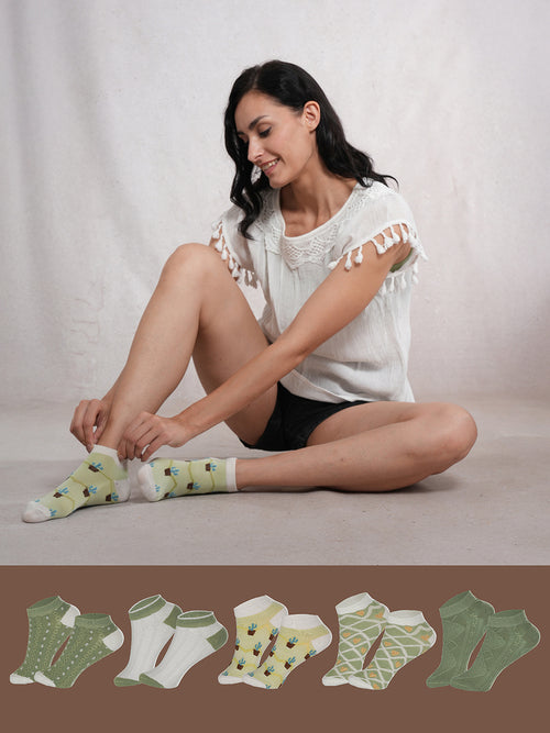 SoleCovers Green & White Ankle Length Combo Pack of 5