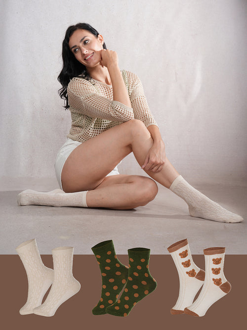 SoleWrappers Brown & Offwhite Crew Socks Combo Pack of 3