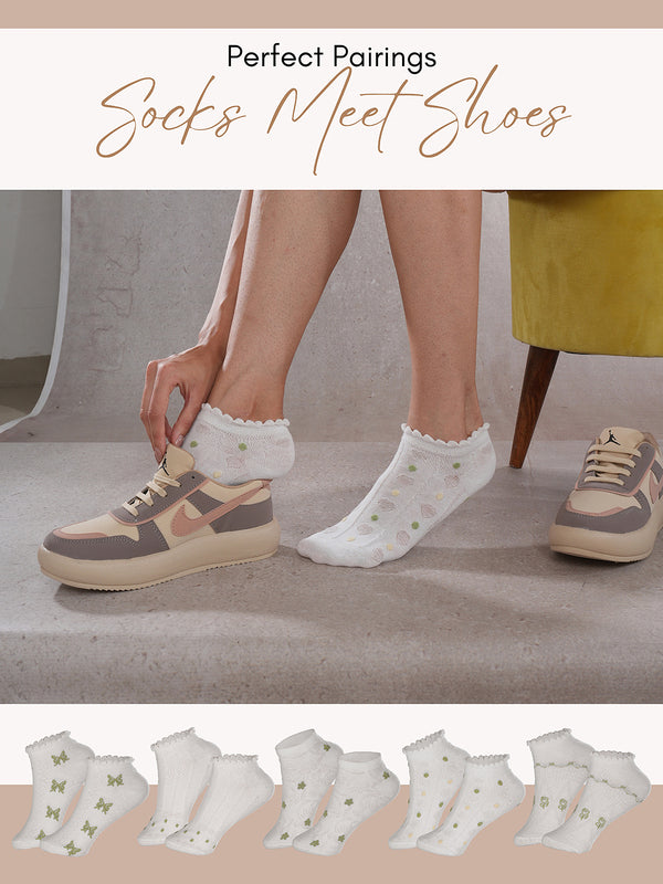 SoleMates White & Green Ankle Length Combo Pack of 5