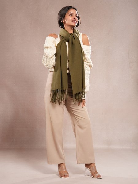 CrossKulture - ForestChill lightweight solid cashmere wool scarf in model front view