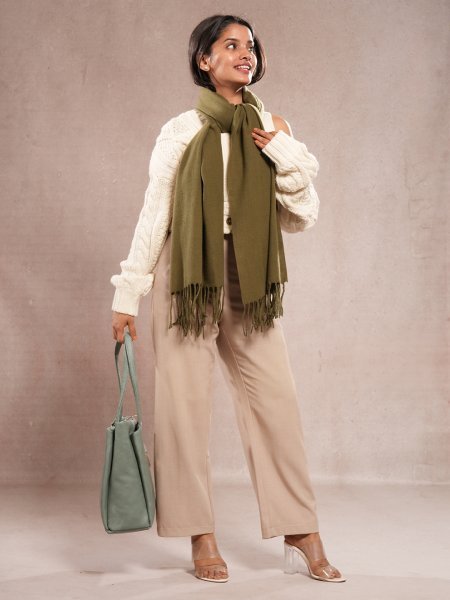 CrossKulture - ForestChill lightweight solid cashmere wool scarf in model front left view