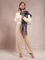 CrossKulture - FrozenHush lightweight chequered cashmere wool scarf in model front left view