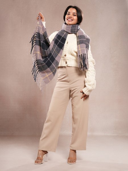 CrossKulture - FrozenHush lightweight chequered cashmere wool scarf in model front right view