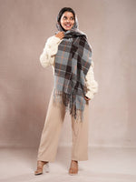 CrossKulture - AquaIcicles lightweight chequered cashmere wool scarf in model front left view