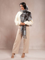 CrossKulture - AquaIcicles lightweight chequered cashmere wool scarf in model front left view
