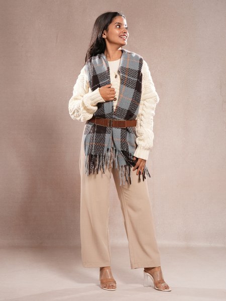 CrossKulture - AquaIcicles lightweight chequered cashmere wool scarf in model front view
