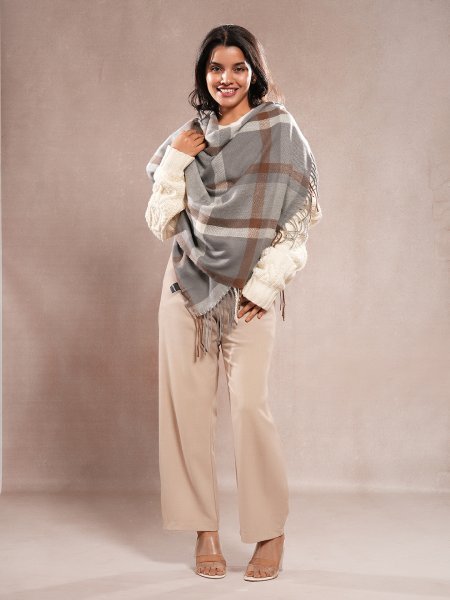 CrossKulture - FrozenRiver lightweight chequered cashmere wool scarf in model left view