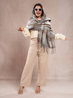 CrossKulture - FrozenRiver lightweight chequered cashmere wool scarf in model front view