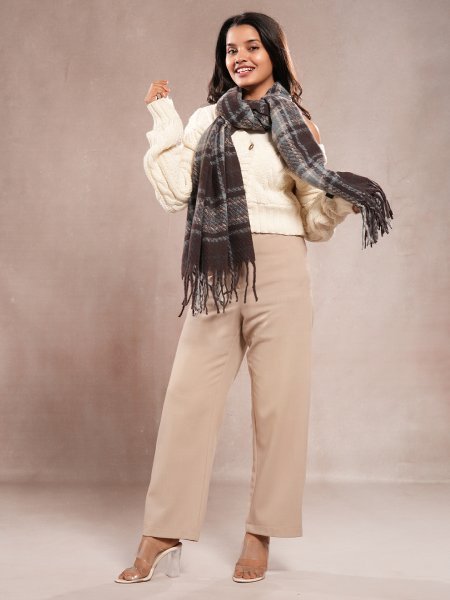 CrossKulture - CoffeeCream lightweight chequered cashmere wool scarf in model front right view
