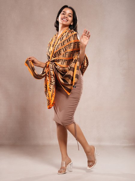 CrossKulture - CocoCaramel long satin scarf model side view
