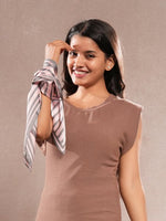 CrossKulture - FloralStripes short satin scarf tied on hand view