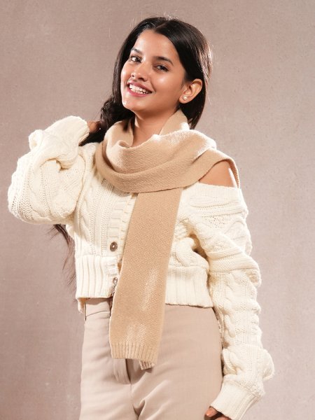 CrossKulture - CozyTwist lightweight acrylic wool scarf in model front view