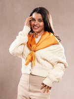 CrossKulture - GoldenHue short satin scarf front model view