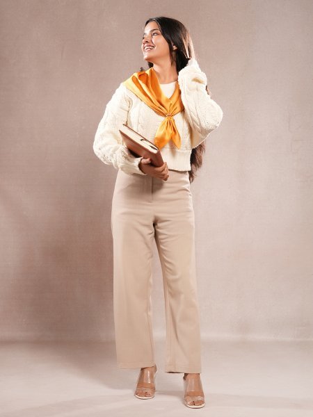 CrossKulture - GoldenHue short satin scarf side model view