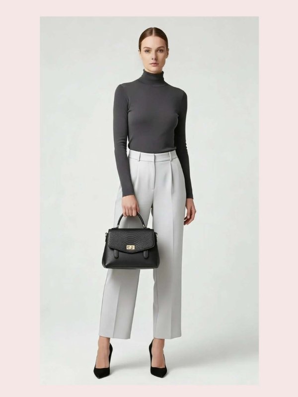 CrossKulture - BlissPulse black lightweight handbag carried by female model