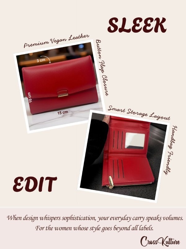 CrossKulture - ScarletClutch lightweight Clutch bag infographic image with features
