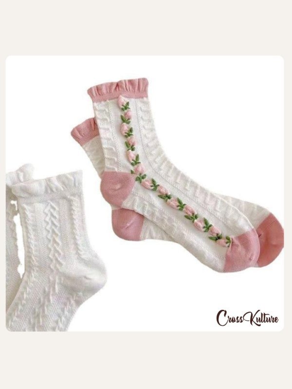 CrossKulture - SoleBesties pink & White crew socks