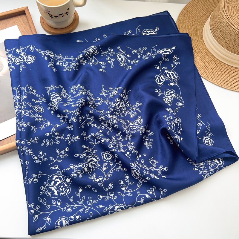 DelicateVine Satin Twill Scarf Square Blue