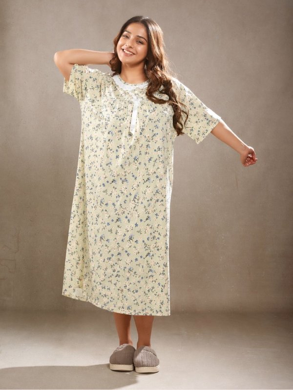 BlossomCalm Floral Printed Night Gown Beige