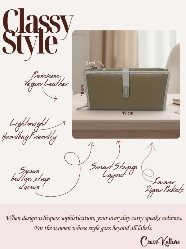 CrossKulture - OrganicCarry lightweight long wallet infographic image showing features
