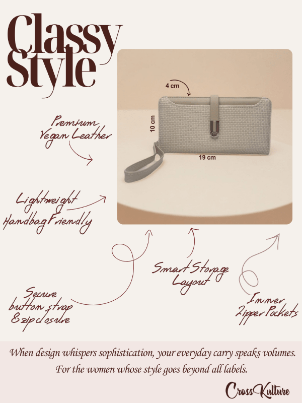CrossKulture - ExquisiteCarry lightweight long wallet infographic image showing features