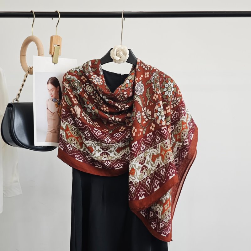 FloraGlow Long Viscose Cotton Scarf Rust