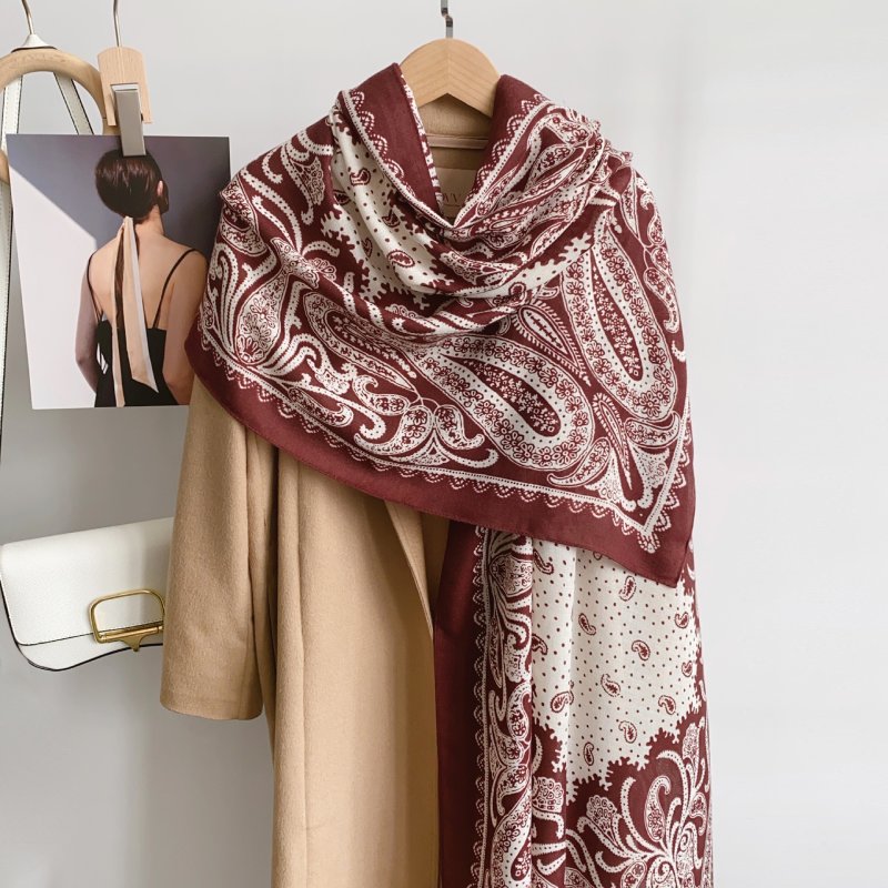 FloralSymphony Long Viscose Cotton Scarf Maroon