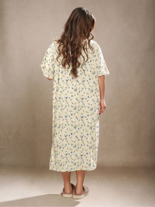 BlossomCalm Floral Printed Night Gown Beige