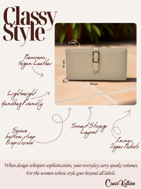 CrossKulture - ClassyCarry lightweight long wallet infographic image showing features