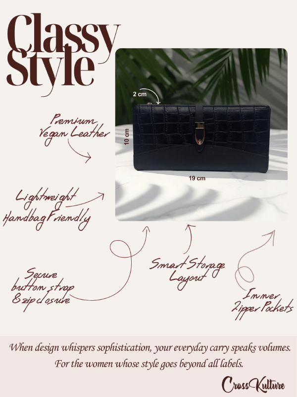 CrossKulture - ElegantCarry lightweight long wallet infographic image showing features