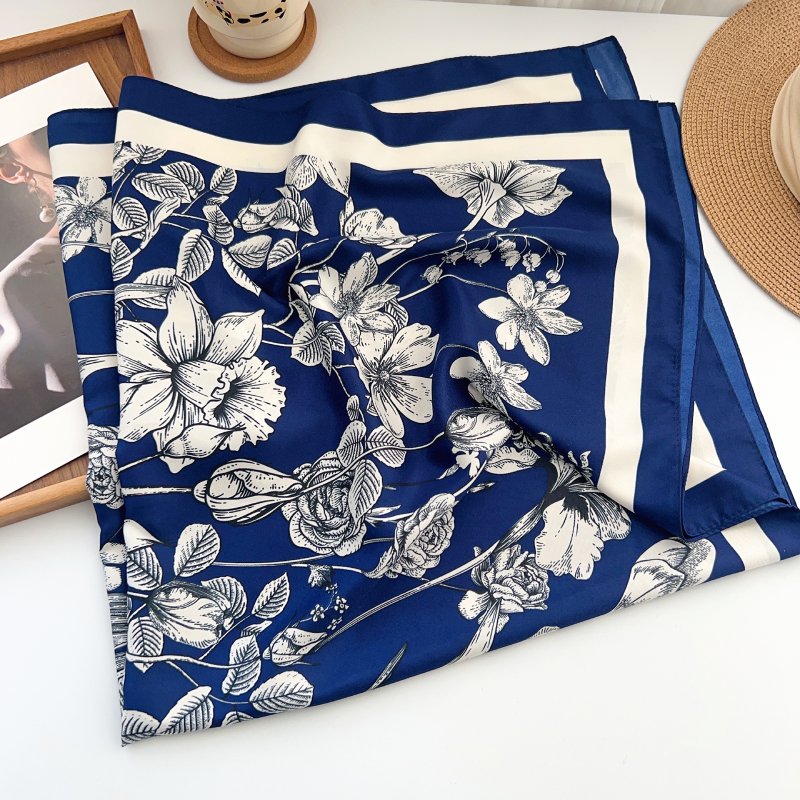 FloralSerenade Satin Twill Scarf Square Blue