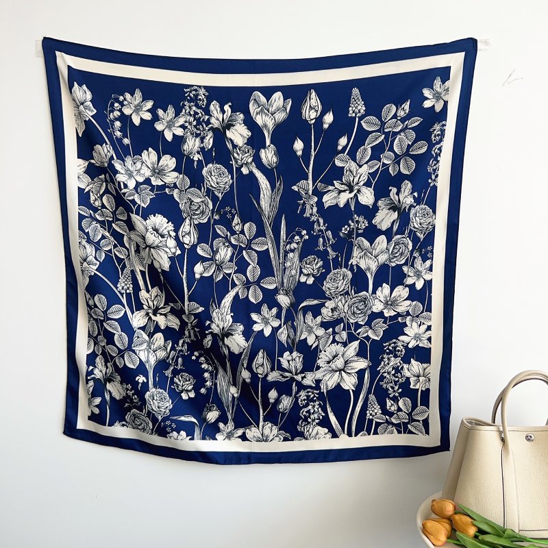 FloralSerenade Satin Twill Scarf Square Blue