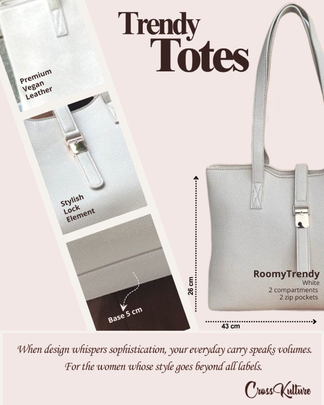 CrossKulture - RoomyTrendy Tote Bag infographic image showing fabric, features and detailing