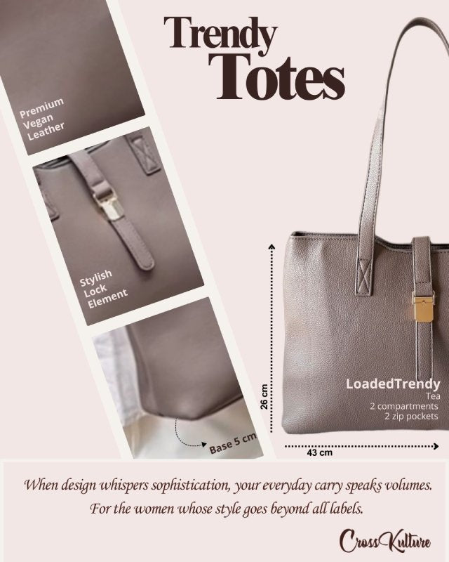 CrossKulture - LoadedTrendy Tote Bag infographic image showing fabric, features and detailing
