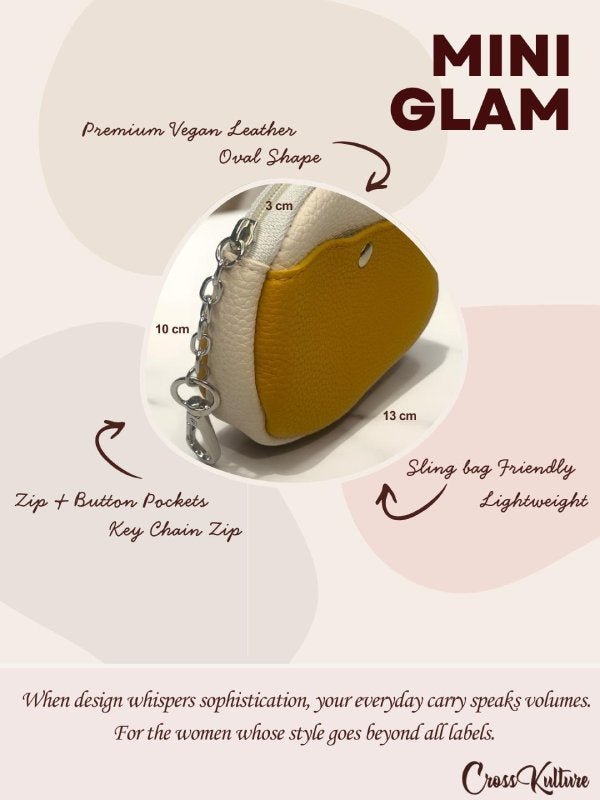 CrossKulture - GlamPouch coin purse infographic about size, features, and design