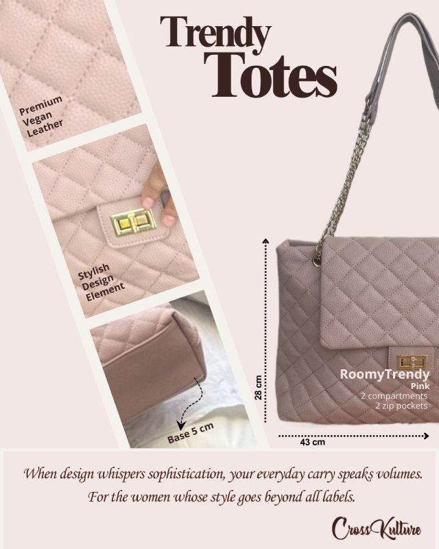 CrossKulture - RoomyTrendy Tote Bag infographic image showing features, design and detailing