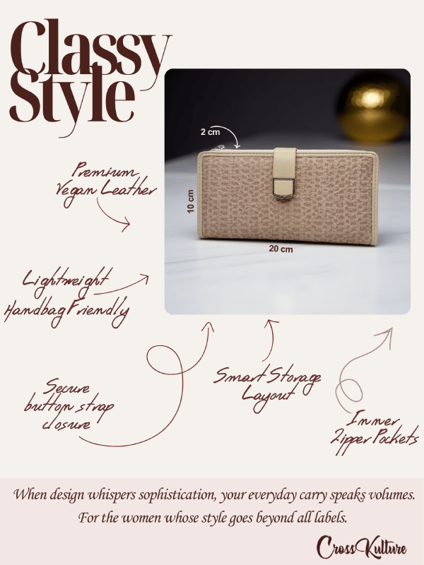 CrossKulture - DuskyCarry lightweight long wallet infographic image showing features
