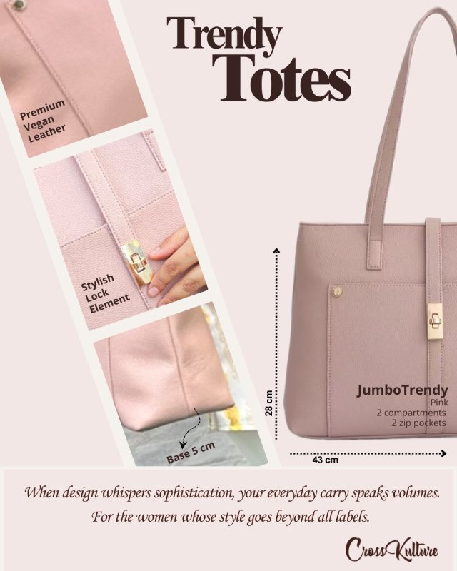 CrossKulture - JumboTrendy Tote Bag infographic image showing fabric, features and detailing