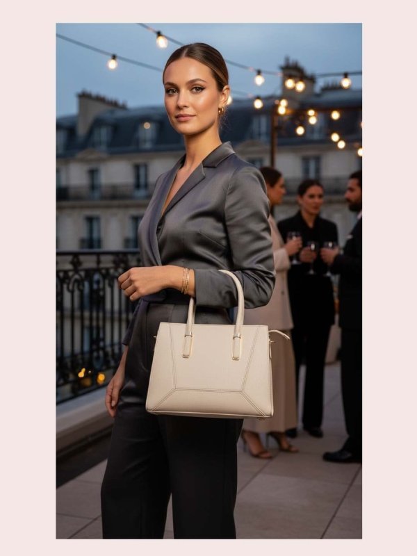CrossKulture - BlissChic lightweight white handbag carried by female model