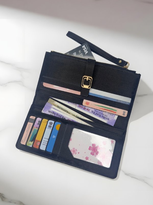 CrossKulture - NoirCarry lightweight long wallet inner view showing zip compartment and storage pockets