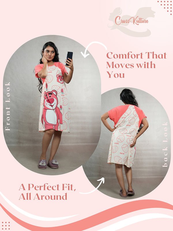 CrossKulture - PlayfulRoar Printed Long Tees nightdress infographic front and back view