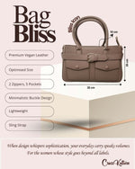 CrossKulture - BlissIcon two front pocket beige handbag infographic about size, features, and design