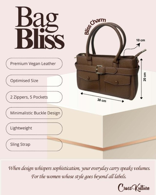CrossKulture - BlissCharm two front pocket brown handbag infographic about size, features, and design