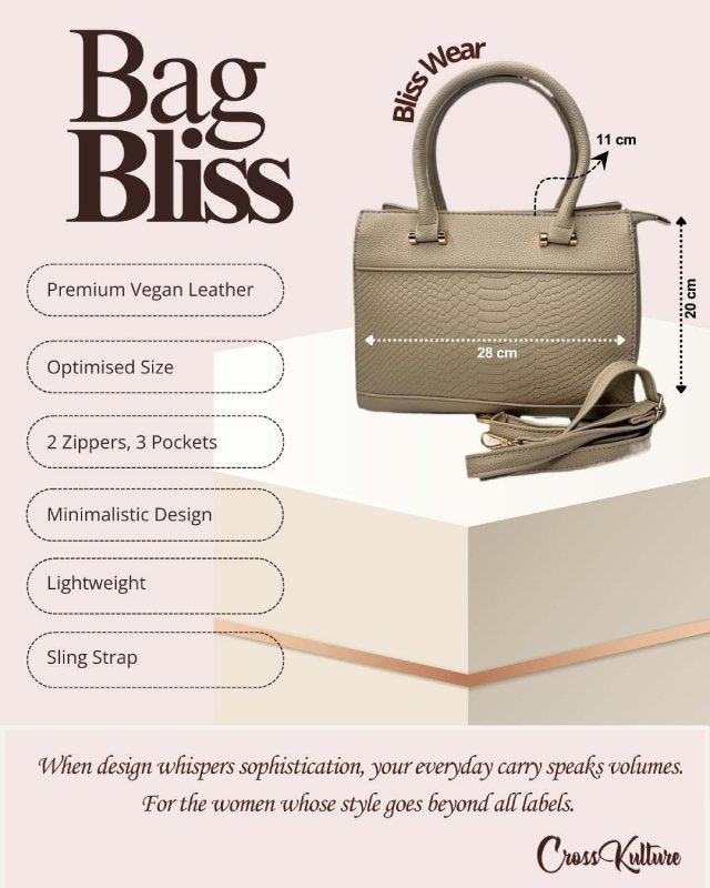 CrossKulture - BlissWear beige handbag infographic about size, features, and design