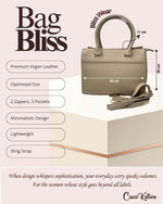 CrossKulture - BlissWear beige handbag infographic about size, features, and design