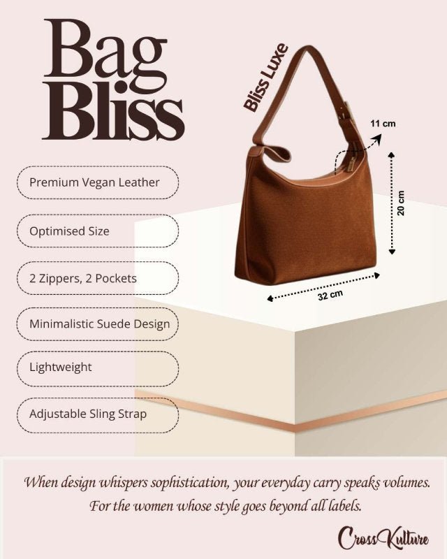 CrossKulture - BlissLuxe brown handbag infographic about size, features, and design