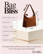 CrossKulture - BlissLuxe brown handbag infographic about size, features, and design