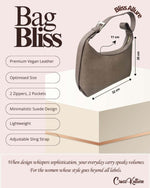 CrossKulture - BlissAllure grey handbag infographic about size, features, and design