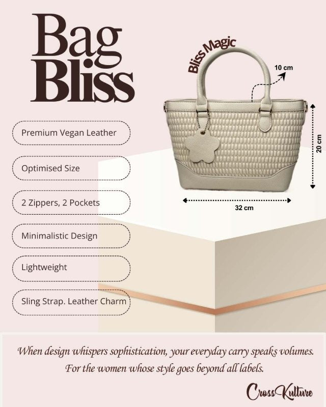 CrossKulture - BlissMagic white handbag infographic about size, features, and design